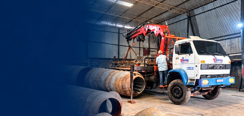 Caminhão munck branco e azul com braço hidráulico vermelho em galpão, ao lado de tubos de concreto