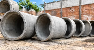 Tubos de concreto enfileirados em pátio de obra